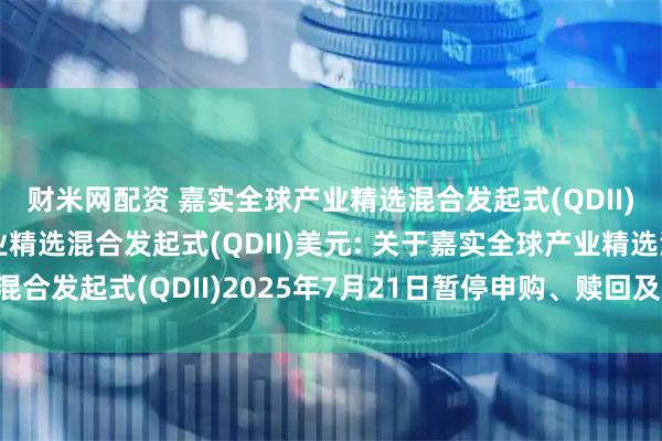 财米网配资 嘉实全球产业精选混合发起式(QDII)人民币,嘉实全球产业精选混合发起式(QDII)美元: 关于嘉实全球产业精选混合发起式(QDII)2025年7月21日暂停申购、赎回及定期定额投资业务的公告